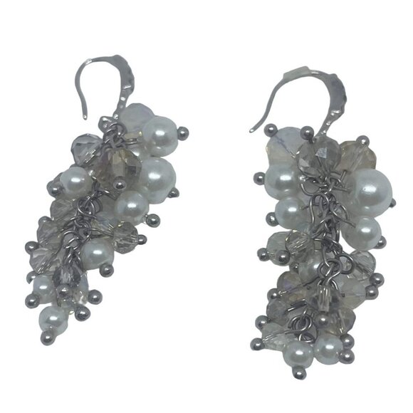 Faceted Crystal Beaded Faux Pearl Cluster Dangle Earring Silver Tone - Picture 3 of 4